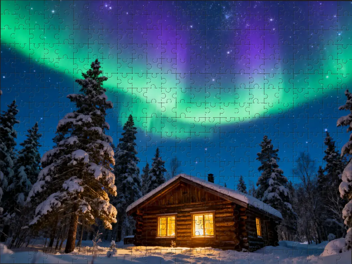A finished puzzle of a cabin under the northern lights