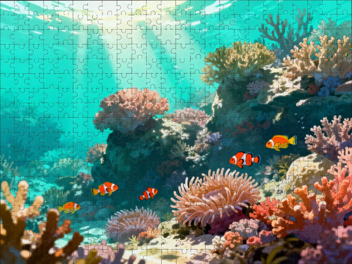 A finished puzzle of a coral reef in morning light