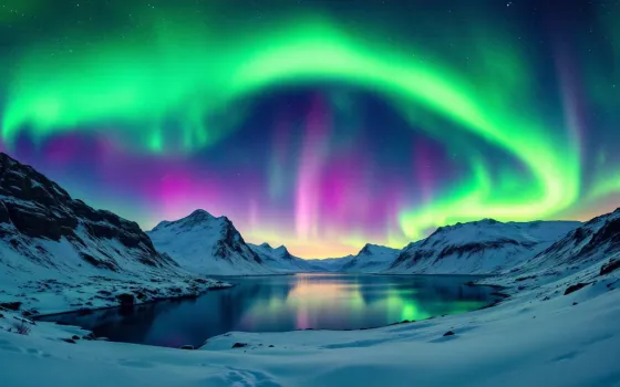 Northern lights over a snowy fjord