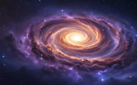 A swirling galaxy in deep purple and gold