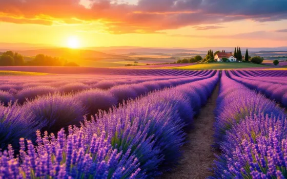 Lavender fields in Provence at sunset