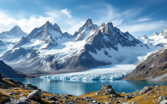 Snow-capped peaks above a glacial lake